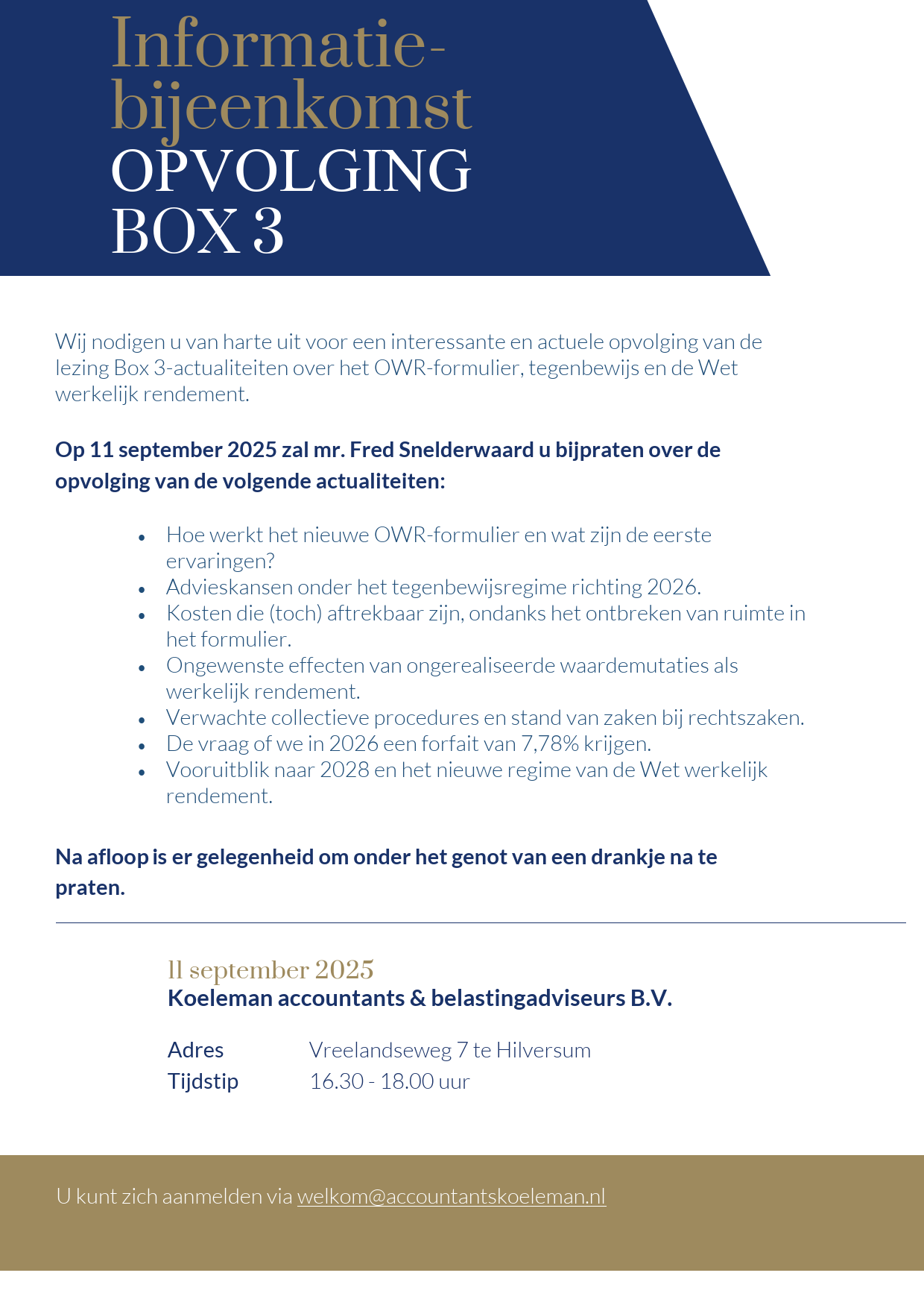 flyer voor Informatie-bijeenkomst OPVOLGING BOX 3